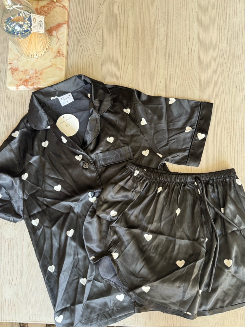 Black Satin Heart Print Pajama Set